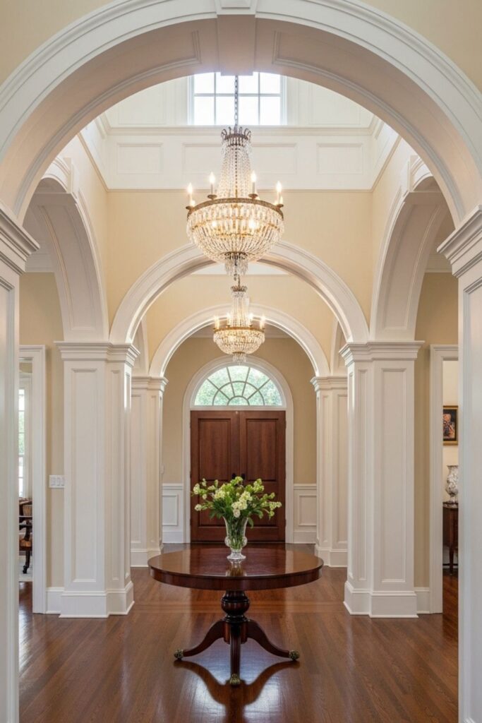 Elegant Classic Foyer with Grand Staircase, Arched Doorway Symmetry, and Chandelier