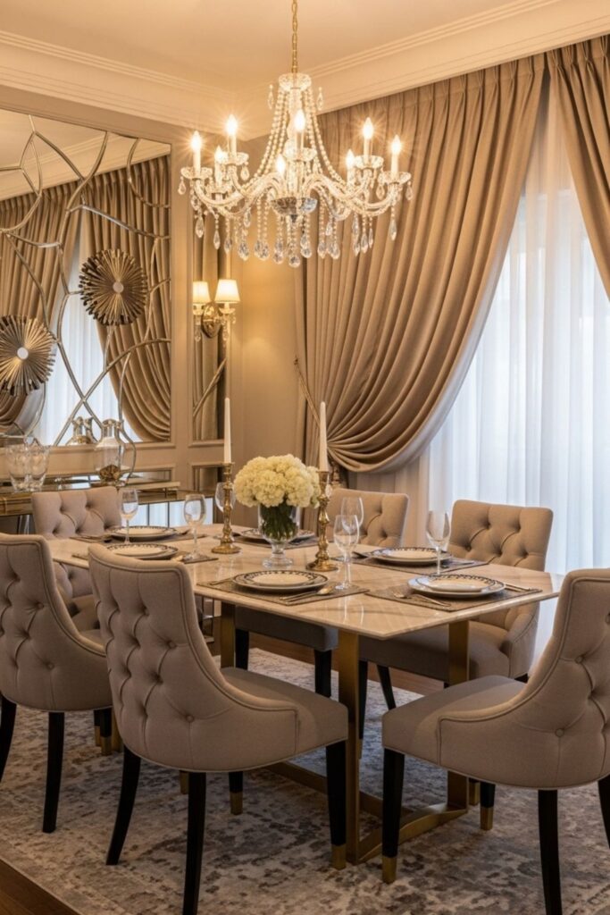 Elegant Curtains for a Luxury Glam Dining Room with Soft Neutral Tones