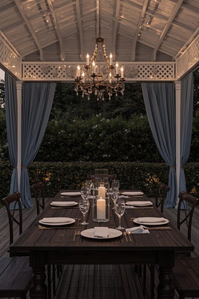 Elegant Evening Garden Dining Pavilion with Blue Curtains and Warm Chandelier Glow