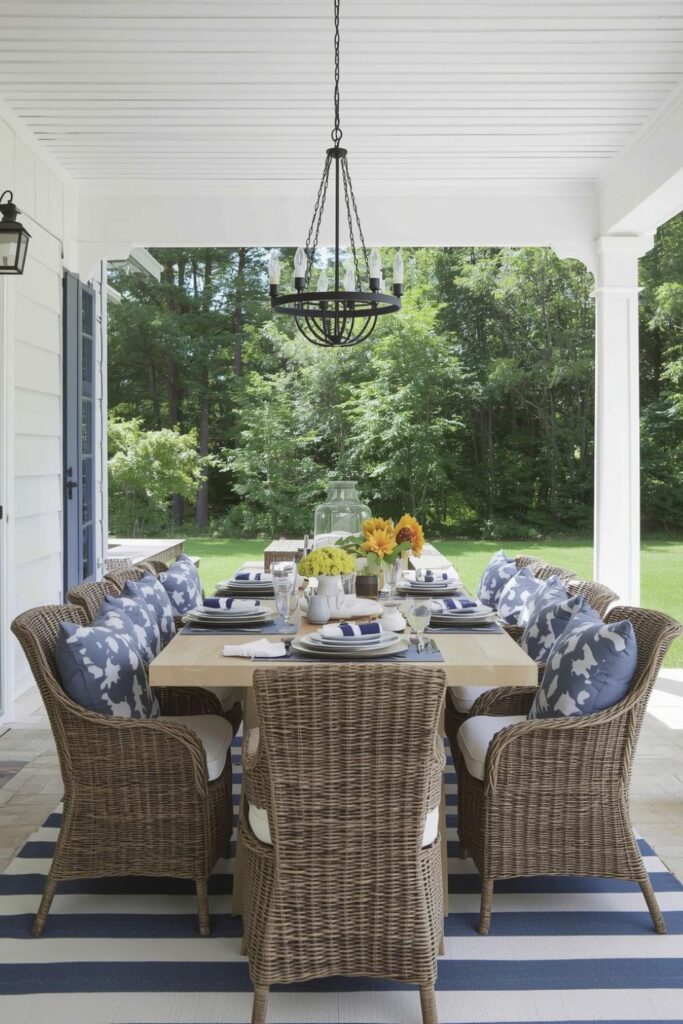 Family-Friendly White Pavilion Dining with Blue Drapes and Easy-Care Table Setting