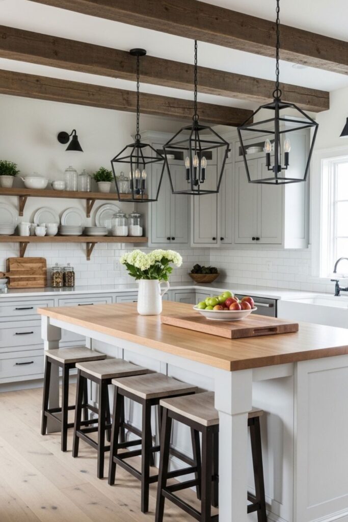 Farmhouse Kitchen Island Seating in a Rustic Modern Farmhouse Kitchen with Lantern Pendant Lights