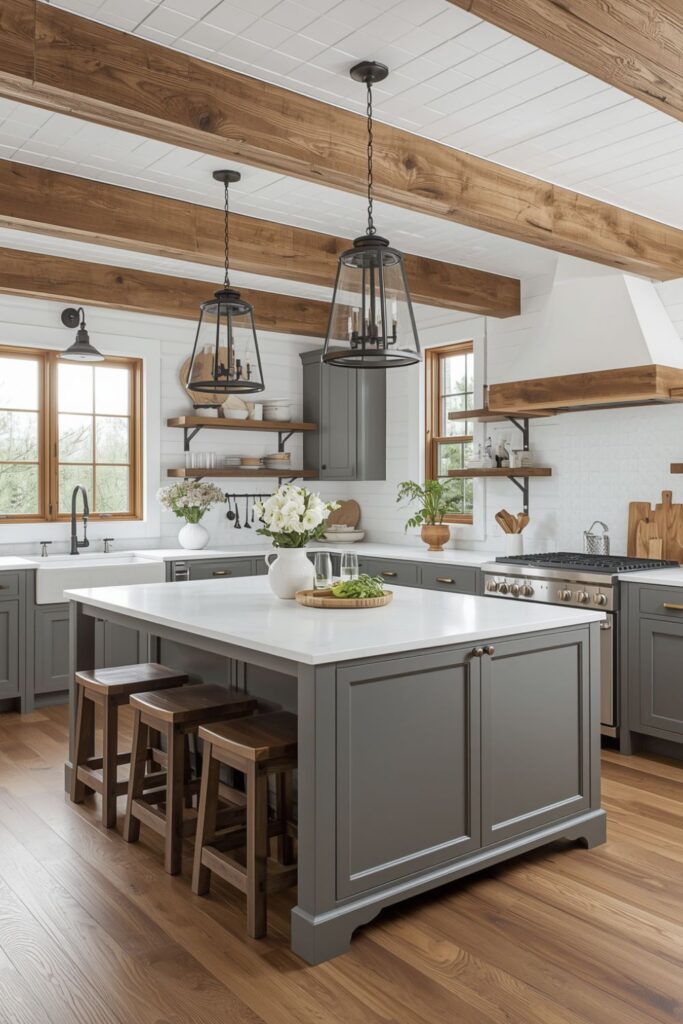 Farmhouse Kitchen Island Styling in a Rustic Modern Farmhouse Kitchen with Wooden Beams