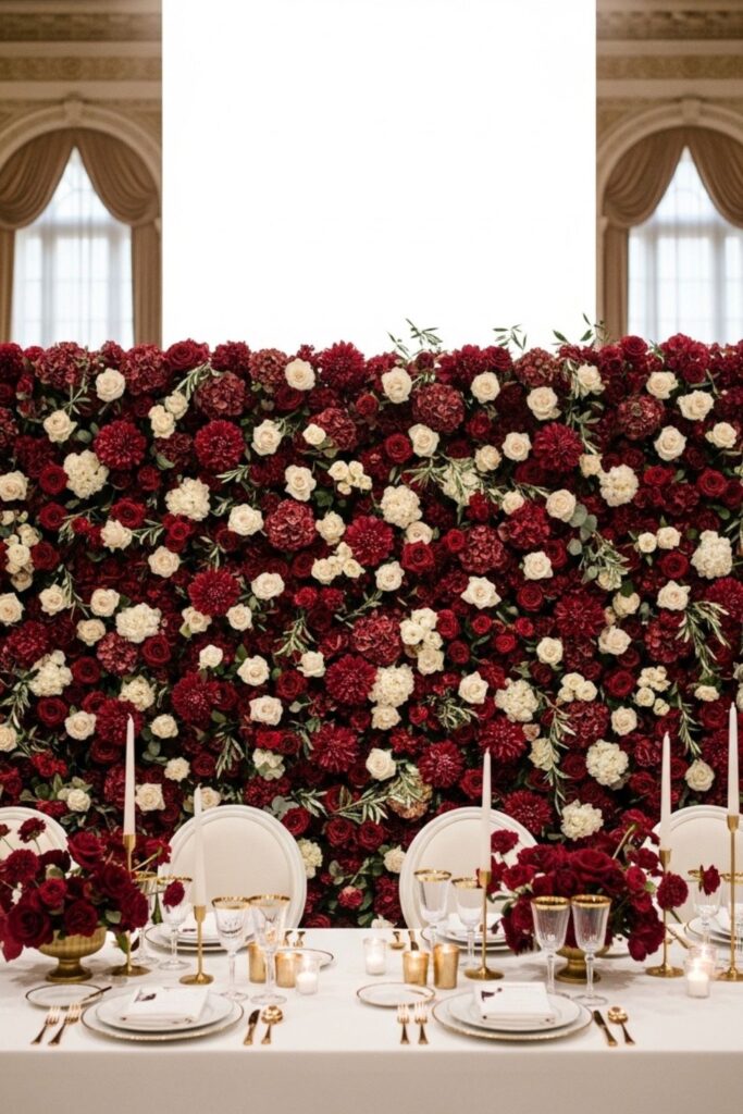 Full Maroon Floral Wall with Cream Highlights in Ballroom
