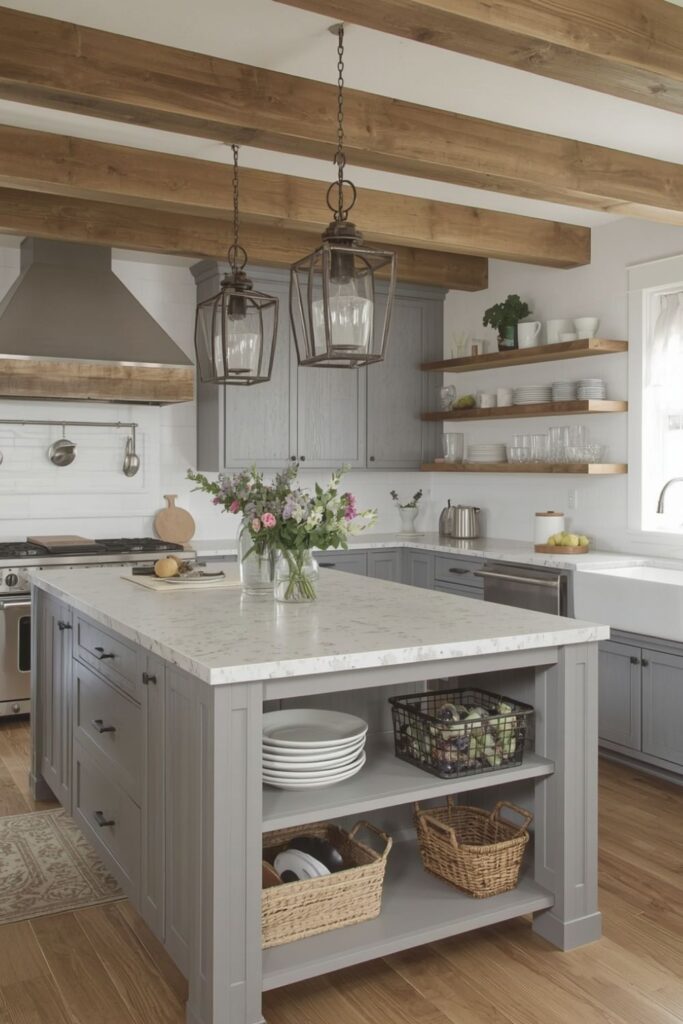 Functional Rustic Modern Farmhouse Kitchen Layout with Farmhouse Island and Open Shelving