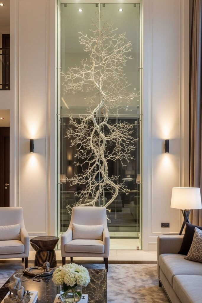 Glass Feature Wall with Decorative Branches in Modern Luxury Living Room 