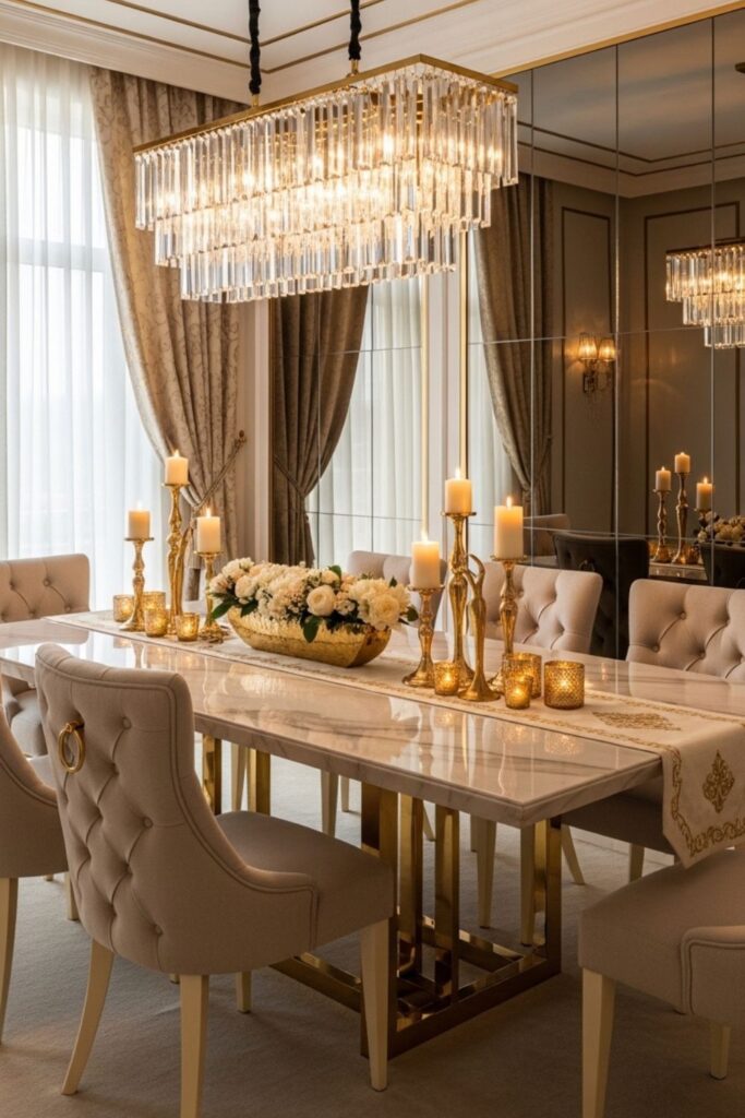 Gold Accents Styling in a Modern Classic Luxury Dining Room with Marble Table