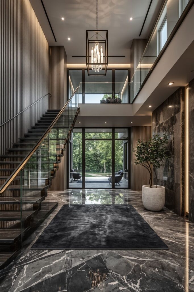 Graphite Panel Foyer With Brass Lantern Chandelier Glow