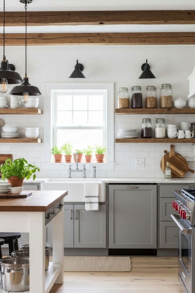 Grey Cabinetry and White Backsplash in a Rustic Modern Farmhouse Kitchen with Farmhouse Island