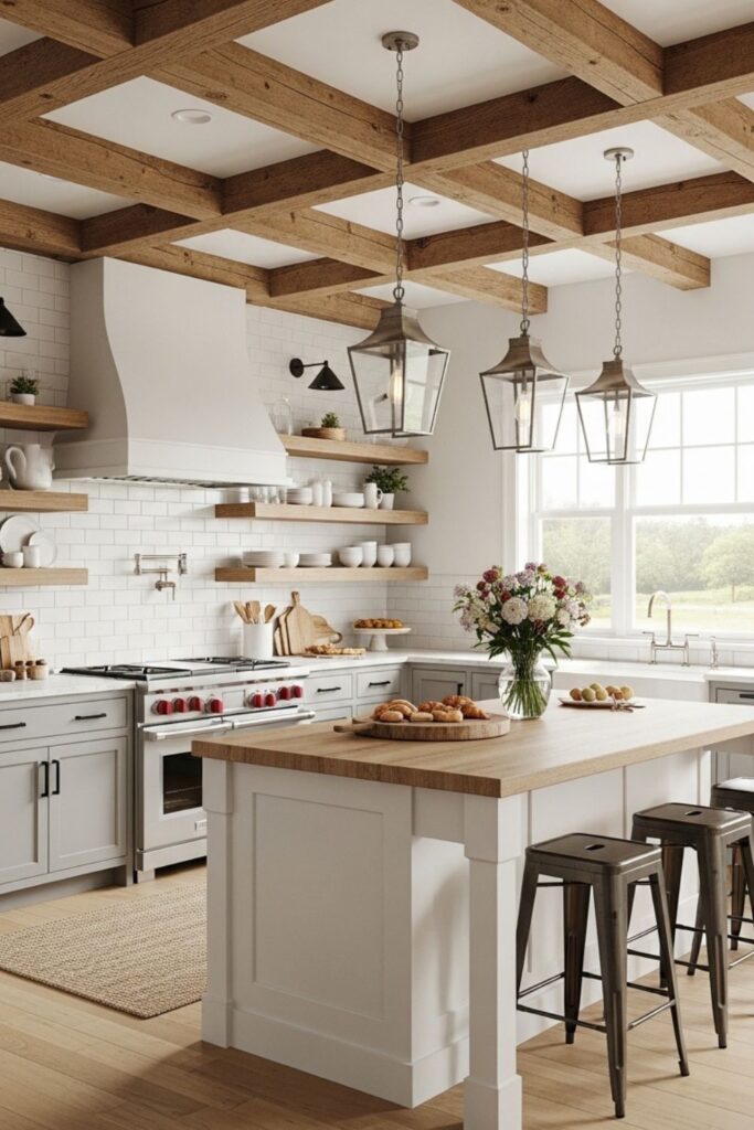 Lantern Pendant Lights and Wooden Ceiling Beams in a Rustic Modern Farmhouse Kitchen