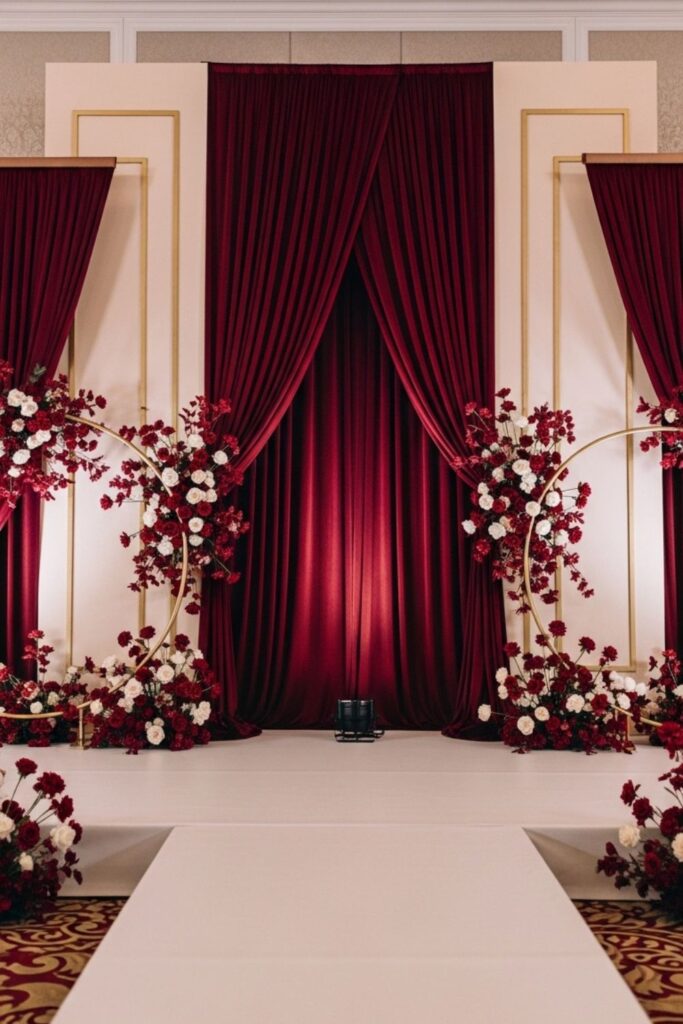 Luxury Ballroom Maroon Velvet Wall with Gold Trim and Florals