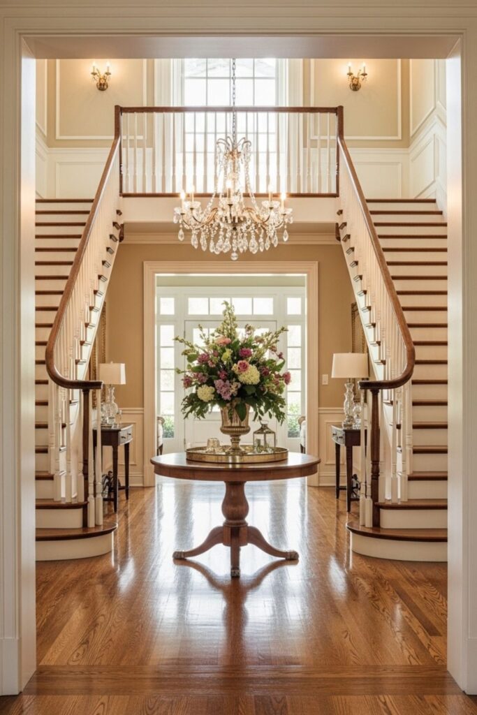 Luxury Classic Entryway with Grand Staircase, Center Table, and Statement Chandelier