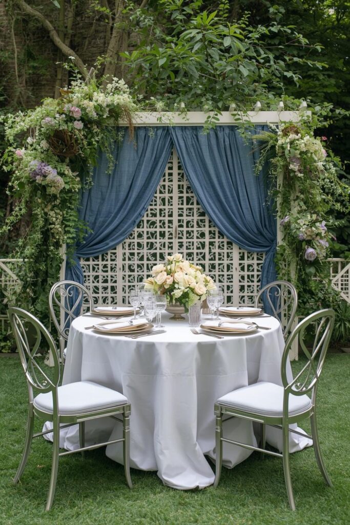 Luxury Floral Garden Pavilion Dining with Blue Drapes and White Lattice Details