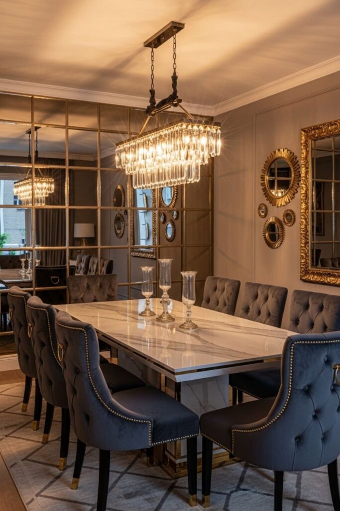 Luxury Glam Dining Room Marble Dining Table with Tufted Velvet Chairs
