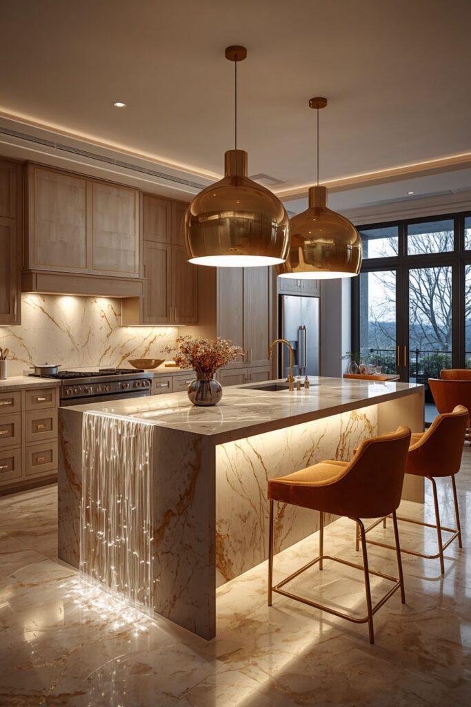 Luxury Kitchen Pendant Lighting Over Waterfall Marble Island with Gold Finish