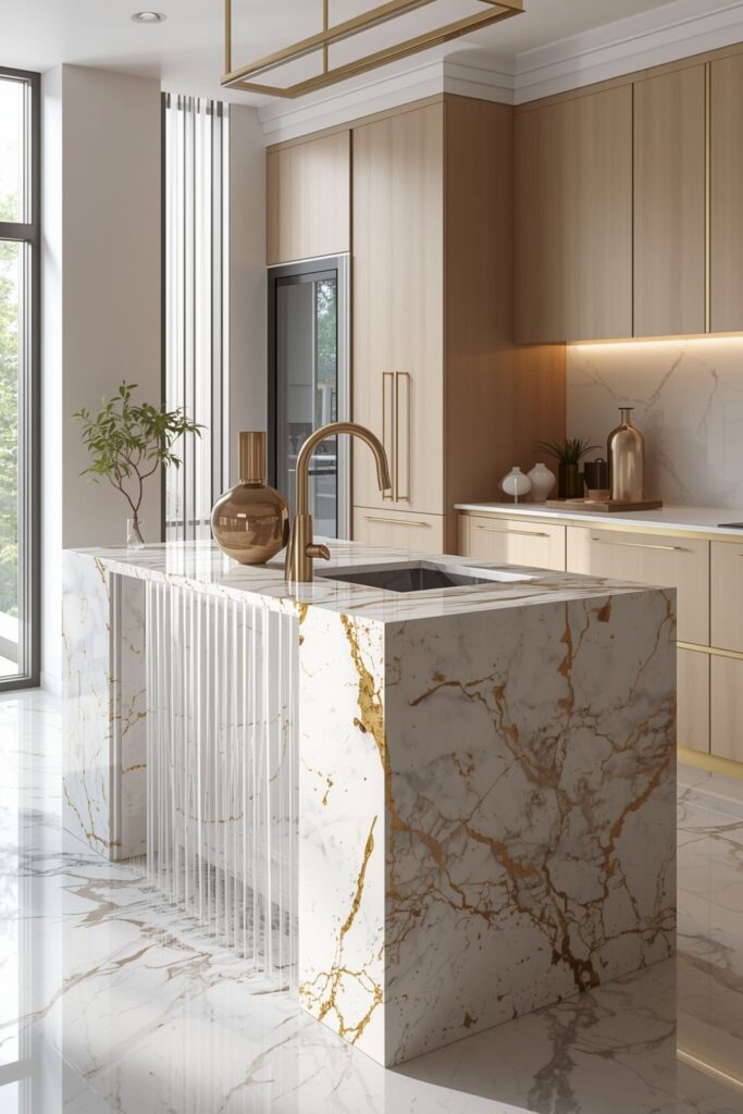 Luxury Kitchen with Waterfall Marble Island, Gold Faucet, and Minimal Decor