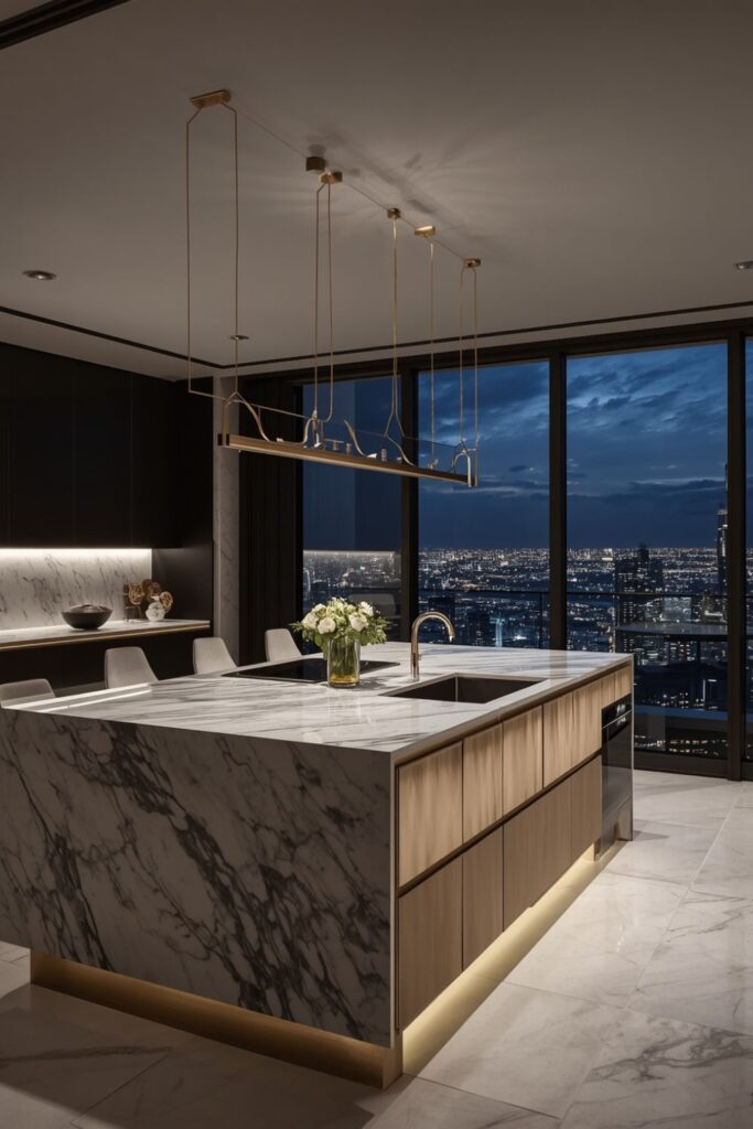 Luxury Modern Kitchen Night View with Gold Accents and Marble Island