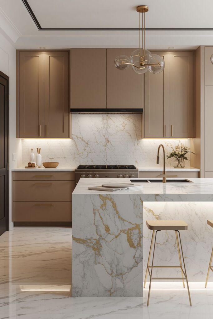 Luxury Modern Kitchen with Slab Marble Backsplash and Gold Hardware Details