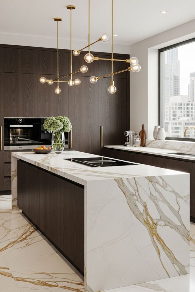 Luxury Modern Kitchen with Waterfall Marble Island and Gold Pendant Lights