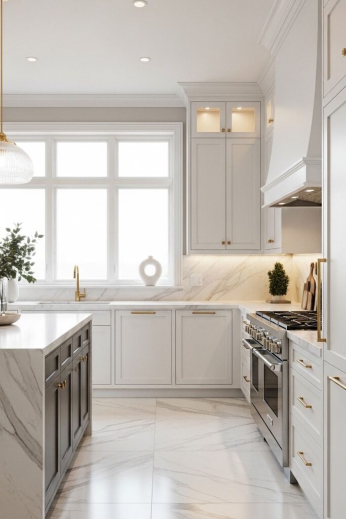 Luxury Modern Kitchen with White Cabinets, Gold Hardware, Marble Floors