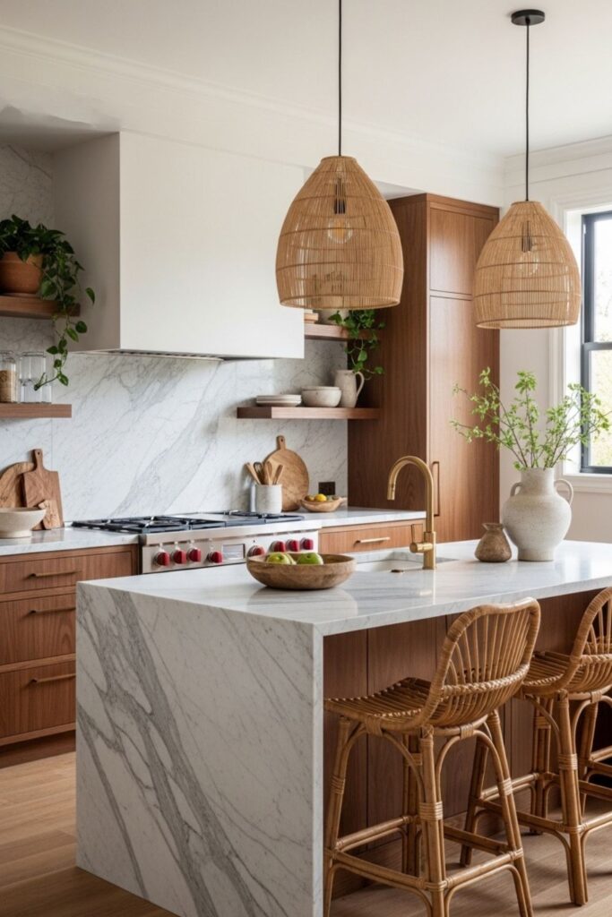 Luxury boho kitchen, modern kitchen with warm wood kitchen and natural textures