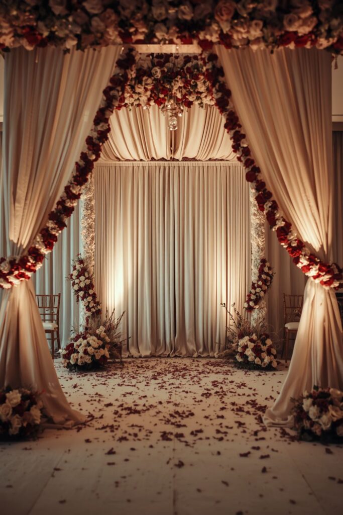 Mandap-Inspired Ivory Pillars with Maroon and Cream Garlands