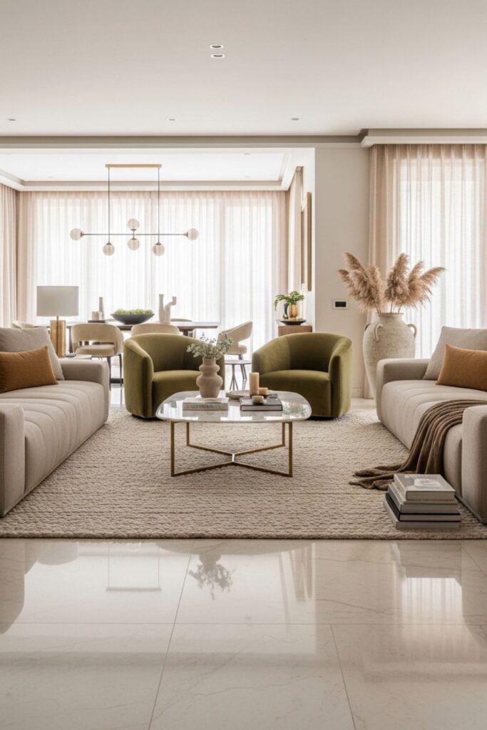 Marble Flooring Modern Luxury Living Room with Warm Neutral Palette