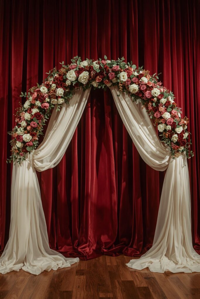 Maroon Velvet and Cream Draped Wedding Stage Backdrop