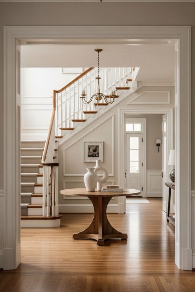 Minimal Classic Entryway with Grand Staircase, Soft Neutrals, and Clean Symmetry