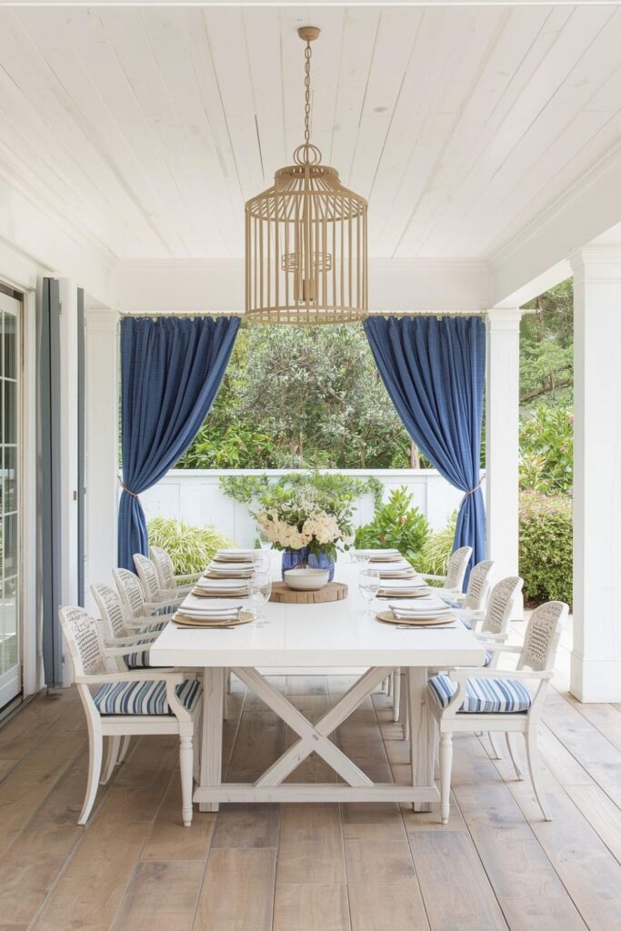 Minimal Modern White Pavilion with Blue Drapes and Clean Outdoor Table Styling