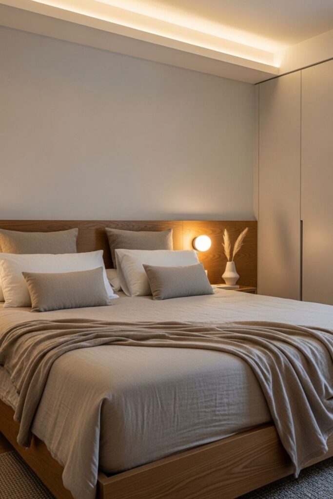 Minimalist Bedroom Design with Neutral Bedding and Soft Ambient Lighting