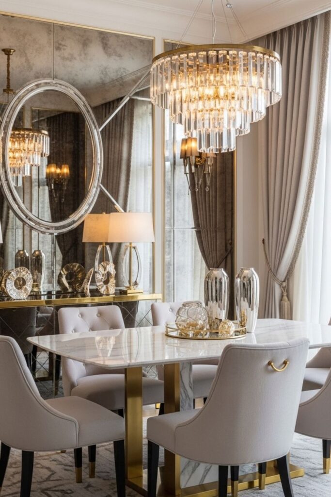 Mirrored Wall Decor Brightens a Luxury Glam Dining Room with Crystal Chandelier
