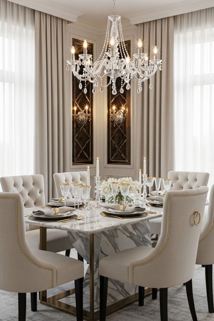 Modern Classic Luxury Dining Room with Crystal Chandelier and Marble Table