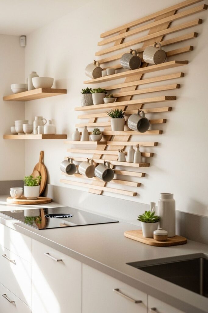 Modern Kitchen Decor Diagonal Wooden Mug Rack Wall Storage