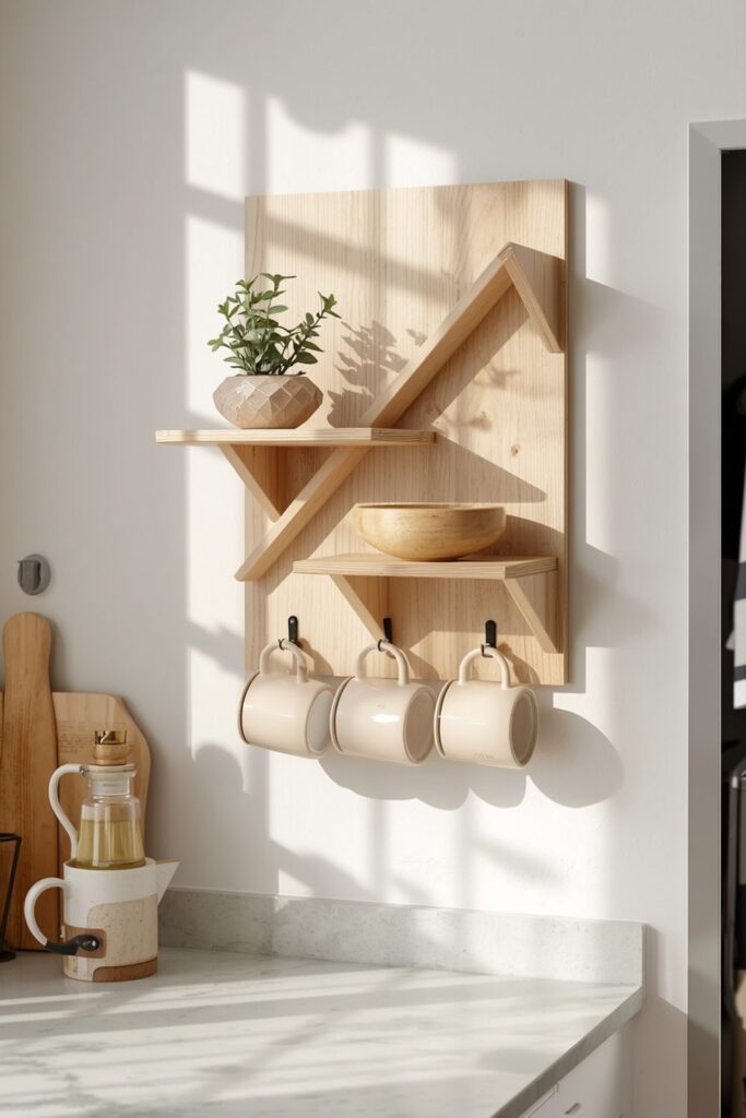 Modern Kitchen Decor Wooden Mug Rack With Small Shelf Styling