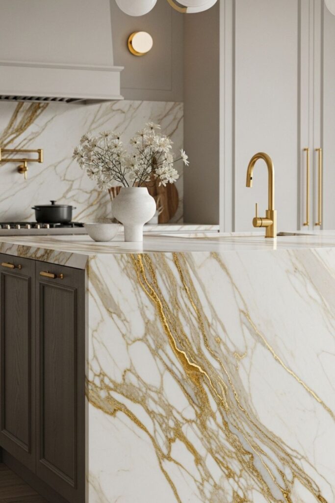 Modern Luxury Kitchen Island Close-Up with Gold Veined Marble Waterfall