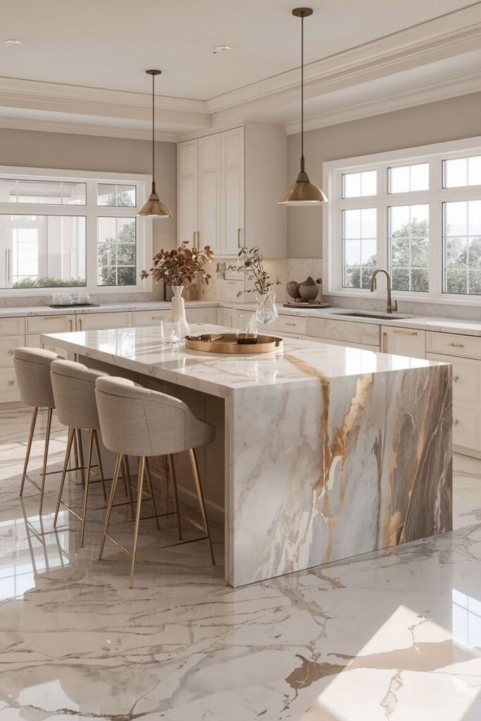 Modern Luxury Kitchen with Waterfall Island Seating and Velvet Gold Stools
