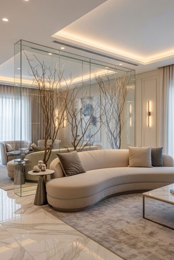 Modern Luxury Living Room Ideas With Curved Beige Sofa, Glass Feature Wall, Marble Floors, and Warm Neutral Lighting