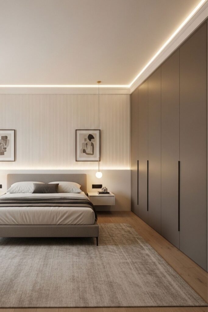 Modern Minimalist Bedroom Design with Sleek Wardrobes and Neutral Palette