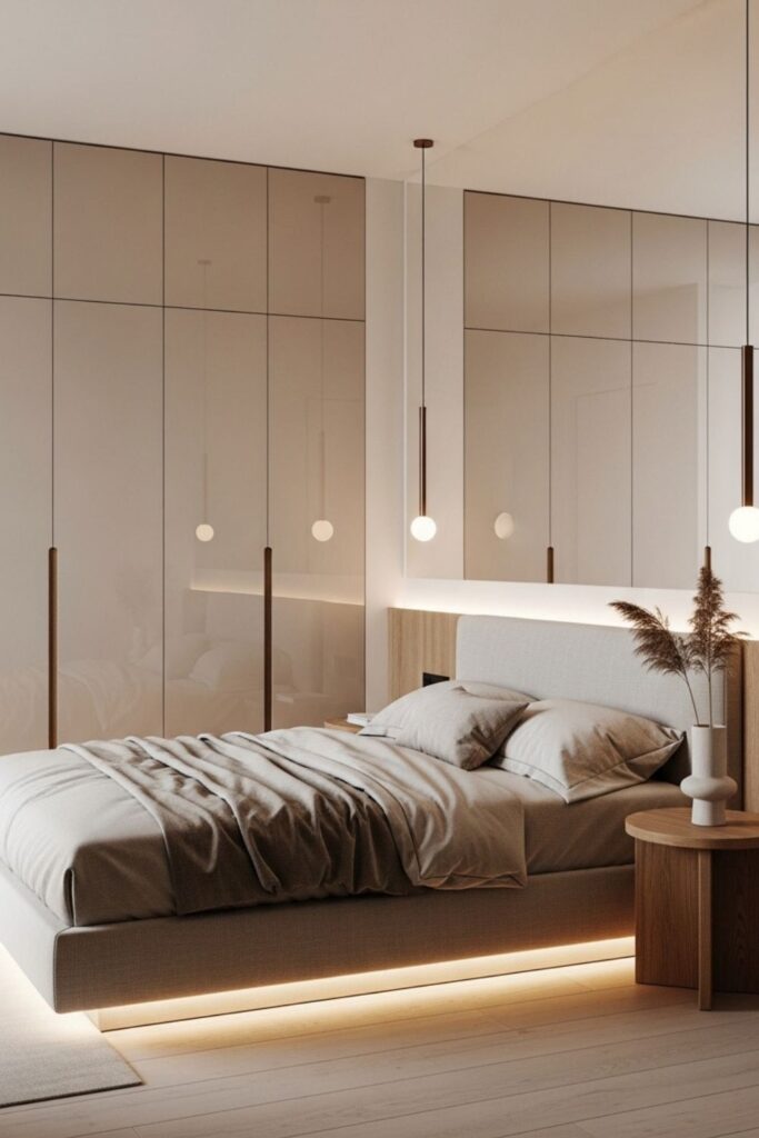 Modern Minimalist Bedroom with Sleek Wardrobes and Ambient LED Lighting
