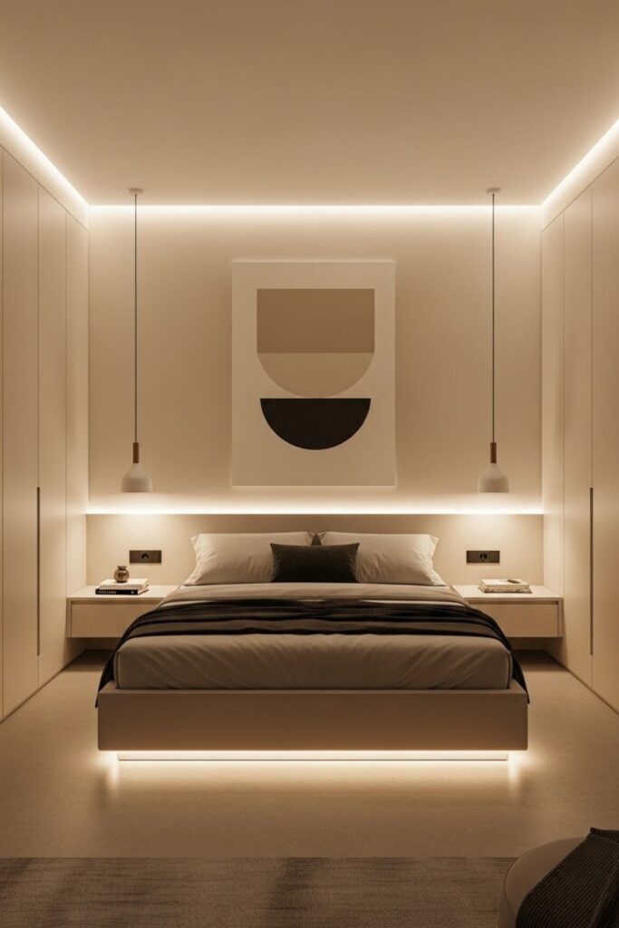 Modern Minimalist Bedroom with Symmetry, Clean Lines, and Neutral Art