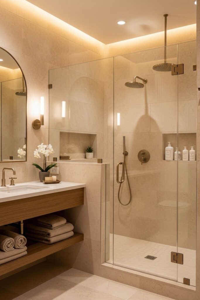 Modern bathroom, luxury bathroom, American bathroom, elegant bathroom design in warm beige