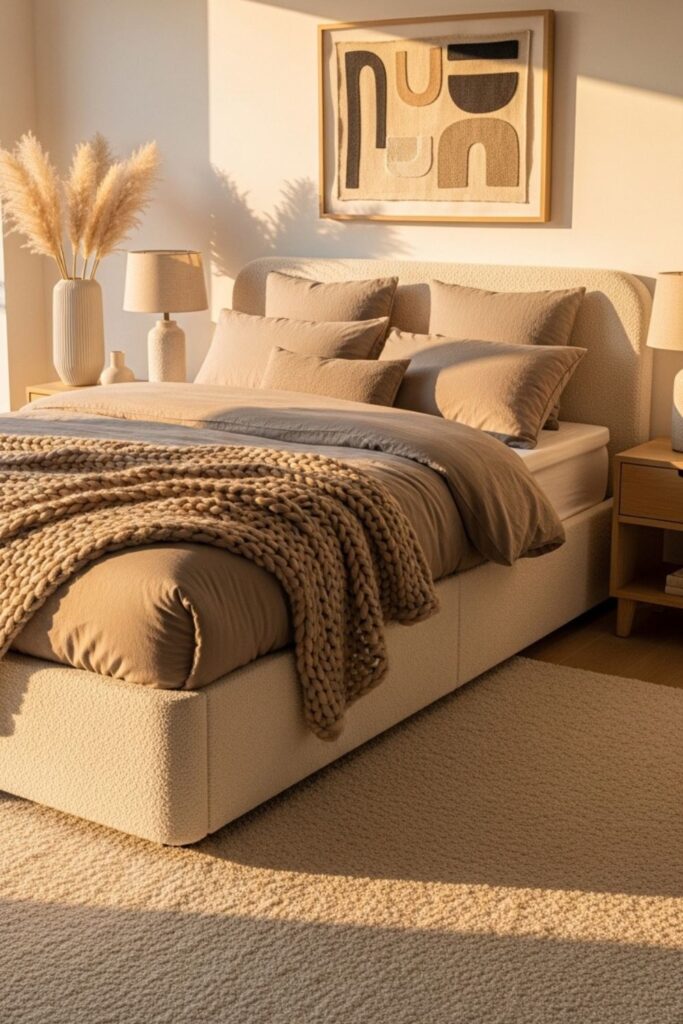 Neutral Cozy Ottoman Bed for a Warm Modern Bedroom