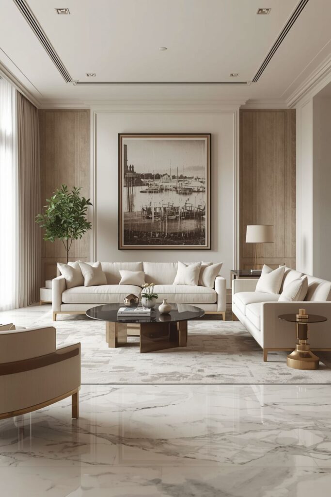 Neutral Tones Modern Luxury Living Room with Marble Flooring 