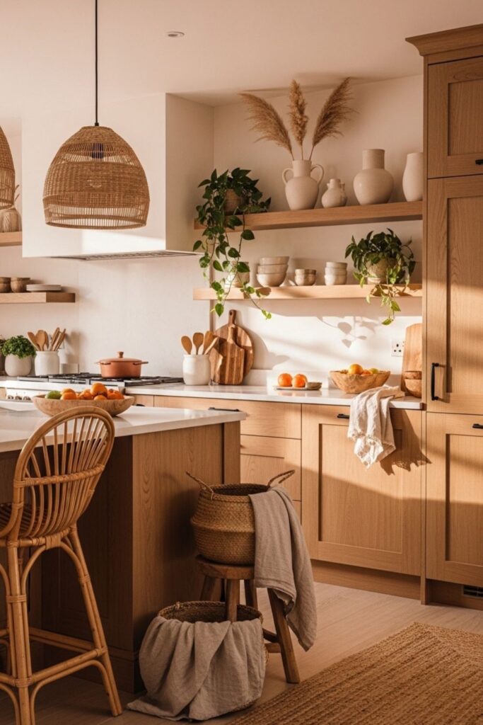 Neutral earthy boho kitchen, modern kitchen with warm wood, kitchen with natural textures