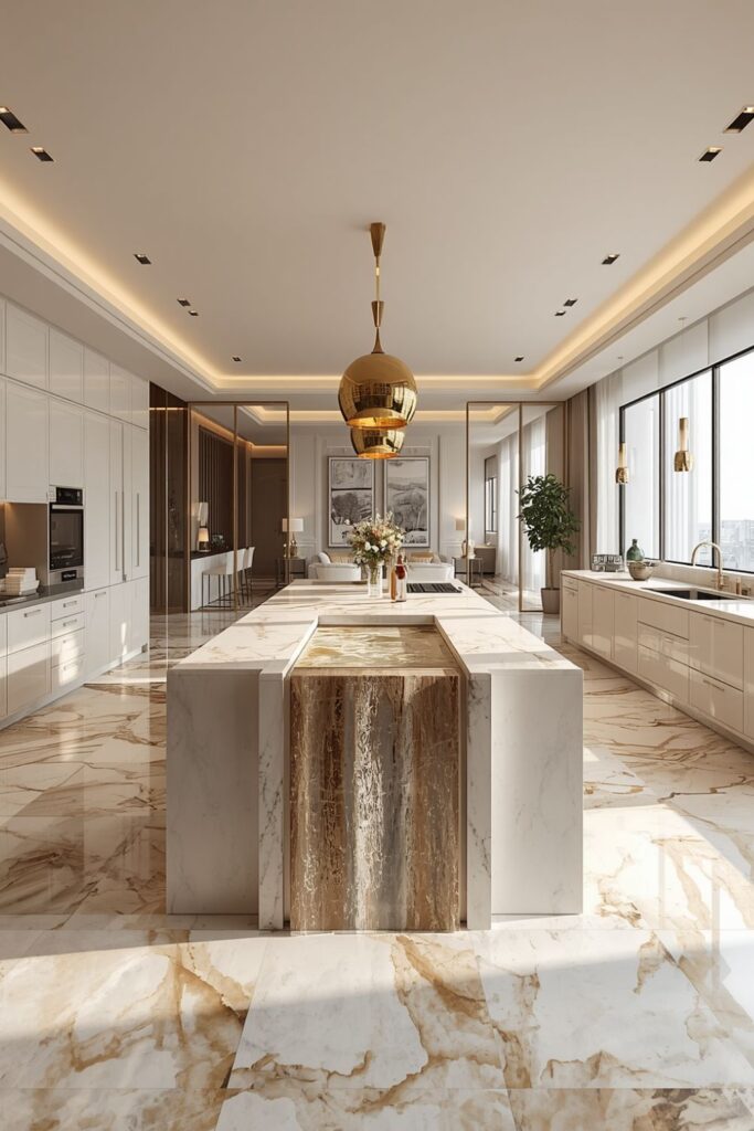 Open Concept Luxury Modern Kitchen with Marble Waterfall Island and Gold Accents