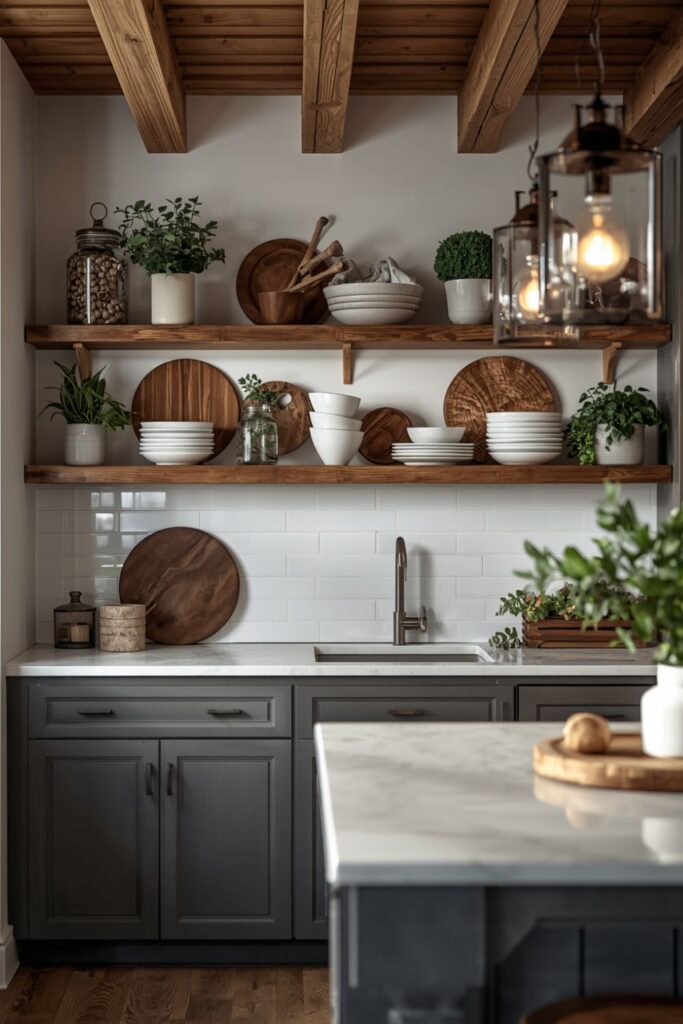 Open Shelving Decor Ideas for a Rustic Modern Farmhouse Kitchen with Wooden Beams