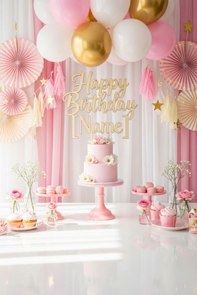 Pink Pastel Birthday Deco With Styled Table And Balloon Backdrop 