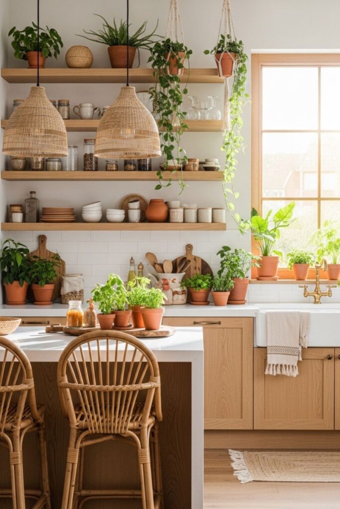 Plant-filled boho kitchen, modern kitchen with warm wood, and natural textures