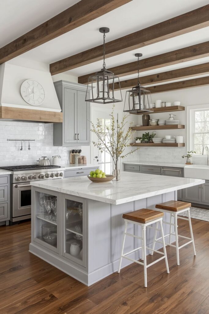 Rustic Modern Farmhouse Kitchen with Farmhouse Island, Wooden Beams, and Lantern Pendant Lights