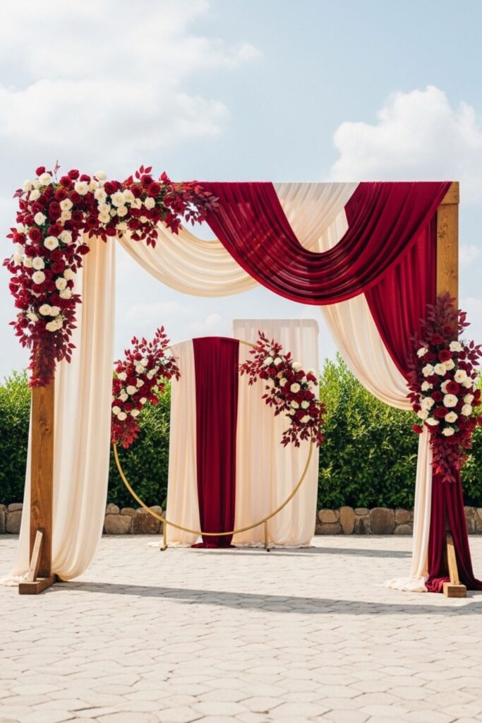 Rustic Outdoor Wooden Arch with Cream Fabric and Maroon Florals